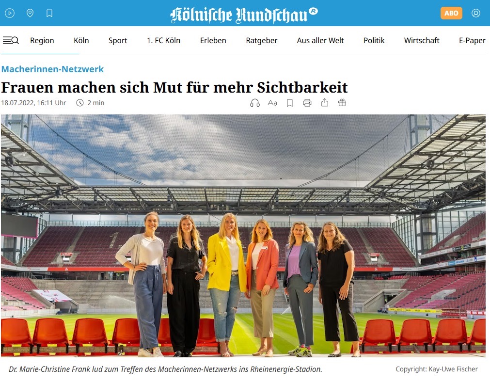 Artikel mit mit Titel "Frauen machen sich Mut für mehr Sichtbarkeit" über die Kommunikatorin Dr. Marie-Christine Frank und ihr Netzwerk Macherinnen